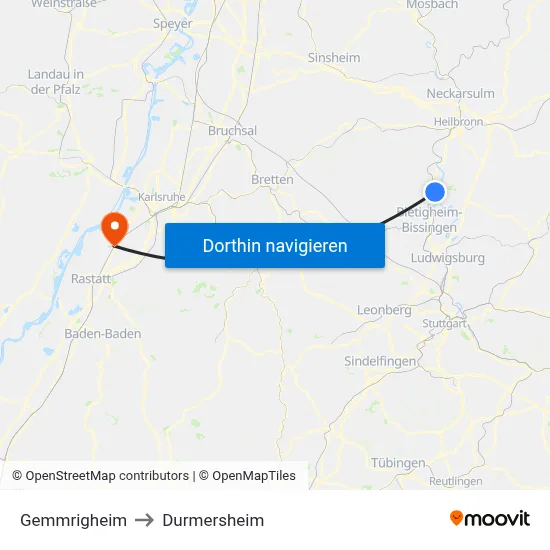 Gemmrigheim to Durmersheim map