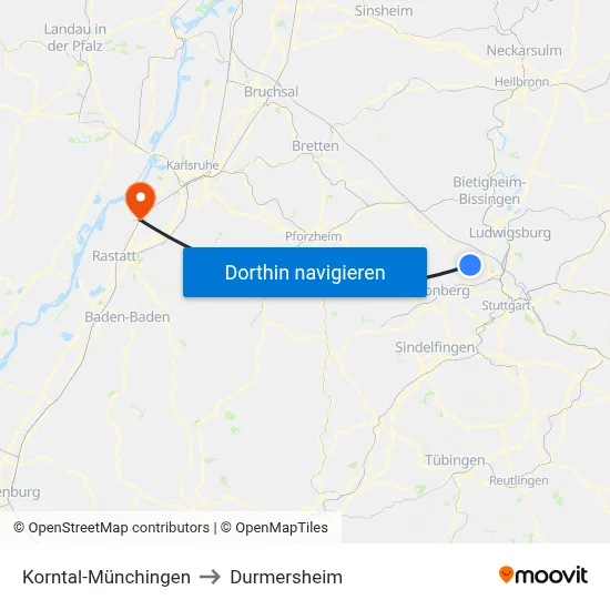 Korntal-Münchingen to Durmersheim map