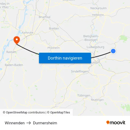 Winnenden to Durmersheim map