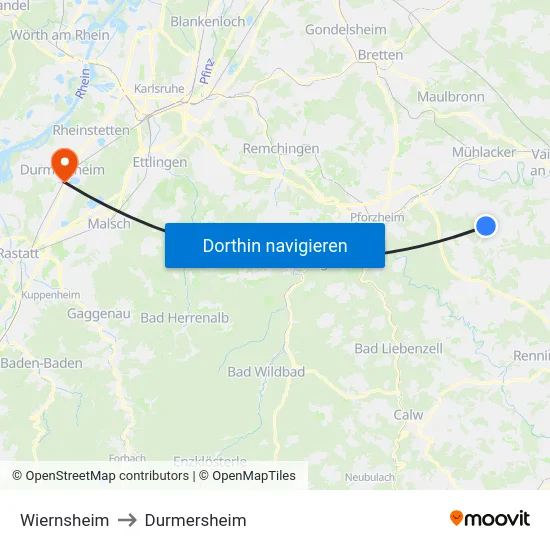 Wiernsheim to Durmersheim map