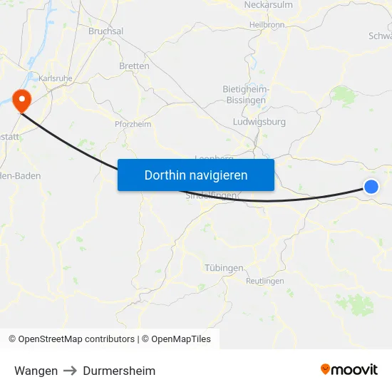 Wangen to Durmersheim map