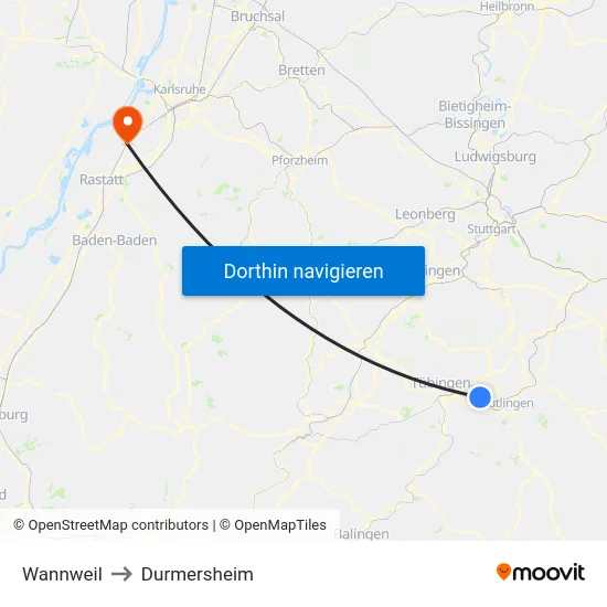 Wannweil to Durmersheim map