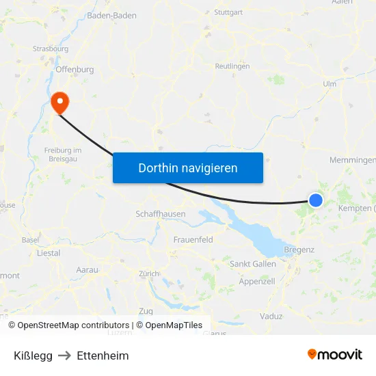 Kißlegg to Ettenheim map