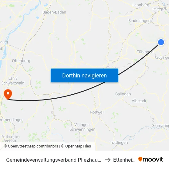 Gemeindeverwaltungsverband Pliezhausen to Ettenheim map