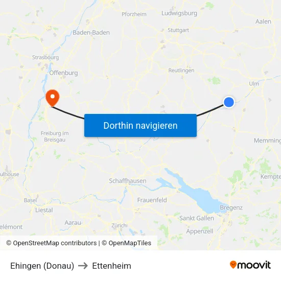 Ehingen (Donau) to Ettenheim map