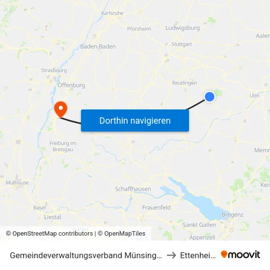 Gemeindeverwaltungsverband Münsingen to Ettenheim map