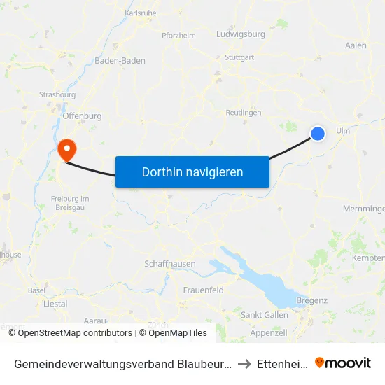 Gemeindeverwaltungsverband Blaubeuren to Ettenheim map