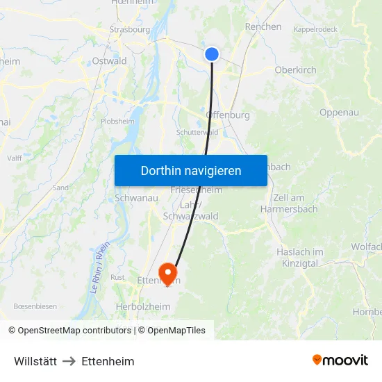 Willstätt to Ettenheim map