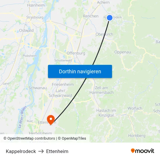 Kappelrodeck to Ettenheim map