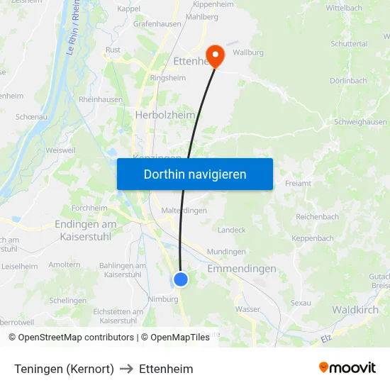 Teningen (Kernort) to Ettenheim map