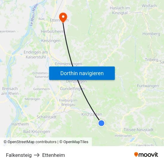 Falkensteig to Ettenheim map