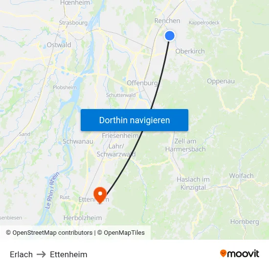 Erlach to Ettenheim map