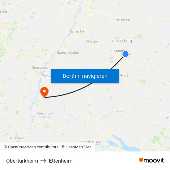 Obertürkheim to Ettenheim map
