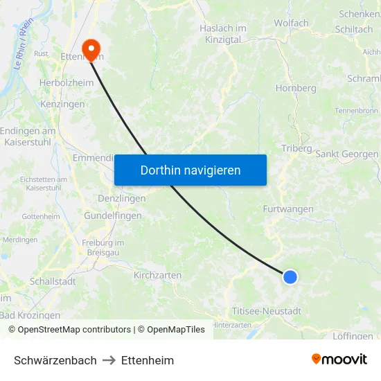 Schwärzenbach to Ettenheim map