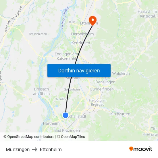 Munzingen to Ettenheim map
