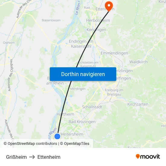 Grißheim to Ettenheim map