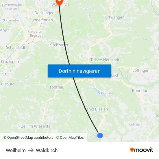 Weilheim to Waldkirch map