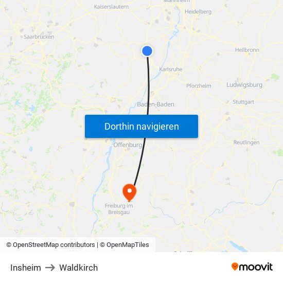 Insheim to Waldkirch map