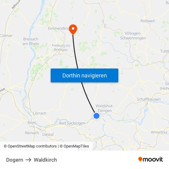Dogern to Waldkirch map