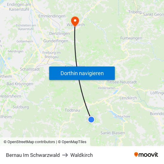 Bernau Im Schwarzwald to Waldkirch map