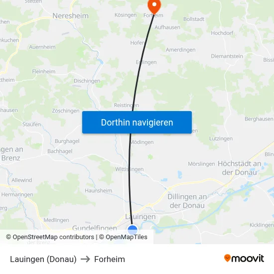 Lauingen (Donau) to Forheim map