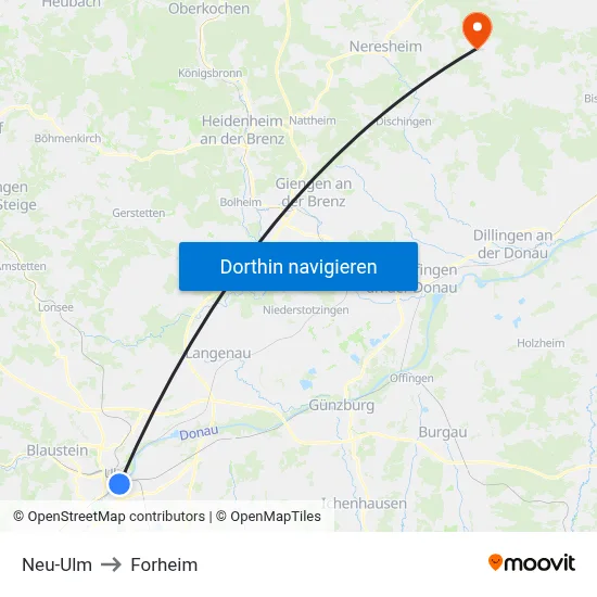 Neu-Ulm to Forheim map