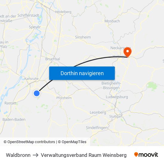 Waldbronn to Verwaltungsverband Raum Weinsberg map