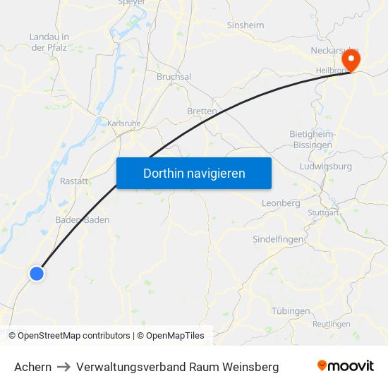 Achern to Verwaltungsverband Raum Weinsberg map