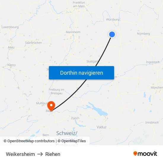 Weikersheim to Riehen map