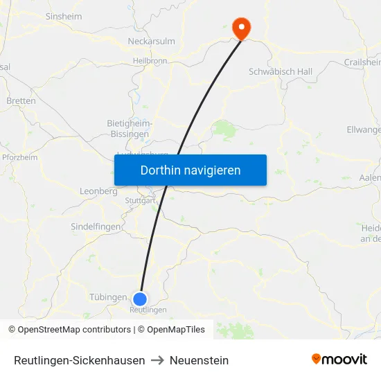 Reutlingen-Sickenhausen to Neuenstein map