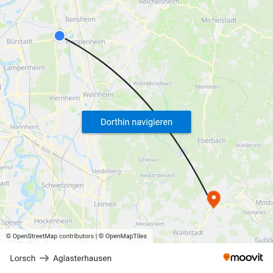Lorsch to Aglasterhausen map