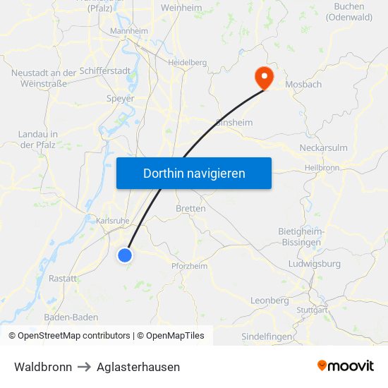 Waldbronn to Aglasterhausen map