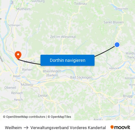 Weilheim to Verwaltungsverband Vorderes Kandertal map