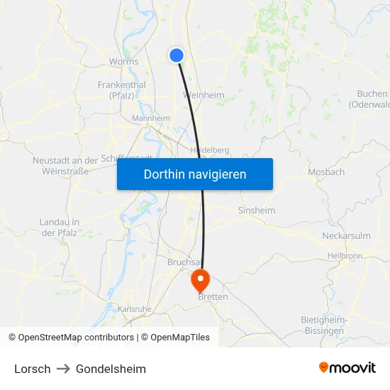 Lorsch to Gondelsheim map