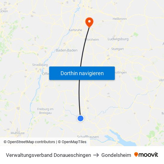 Verwaltungsverband Donaueschingen to Gondelsheim map