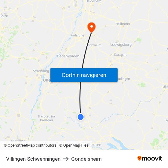 Villingen-Schwenningen to Gondelsheim map