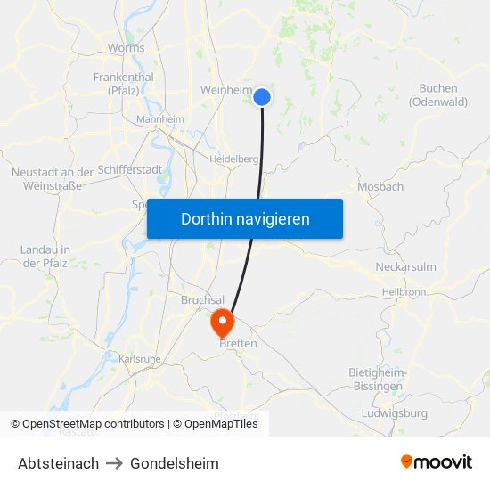 Abtsteinach to Gondelsheim map