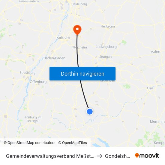 Gemeindeverwaltungsverband Meßstetten to Gondelsheim map