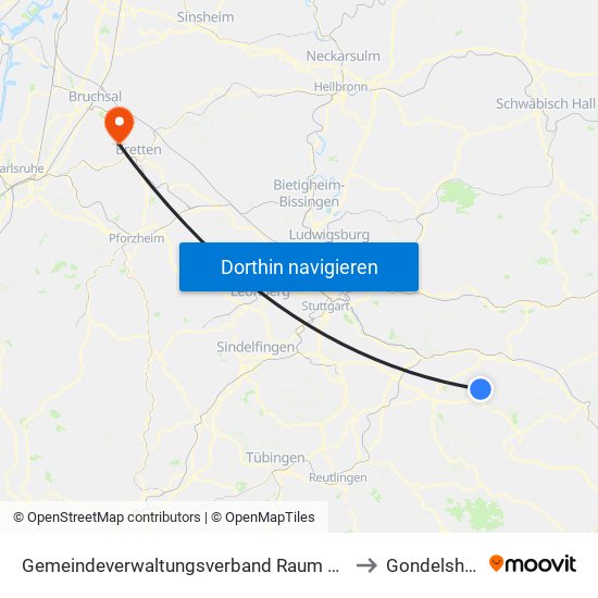 Gemeindeverwaltungsverband Raum Bad Boll to Gondelsheim map