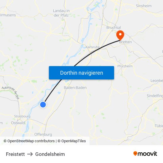 Freistett to Gondelsheim map