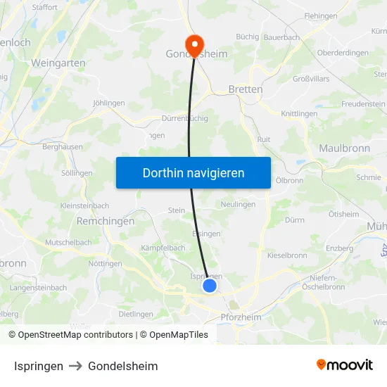 Ispringen to Gondelsheim map