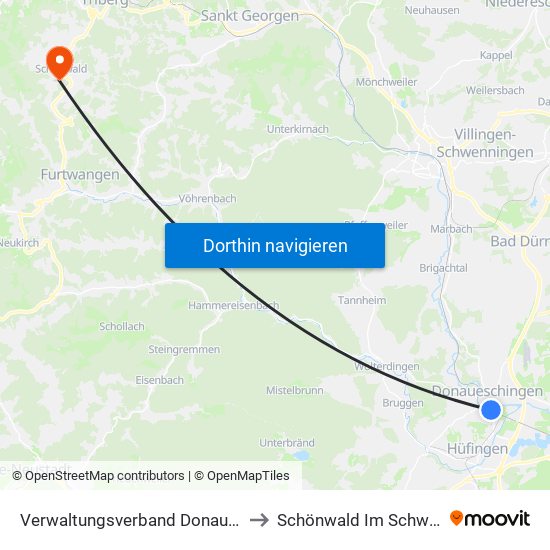 Verwaltungsverband Donaueschingen to Schönwald Im Schwarzwald map