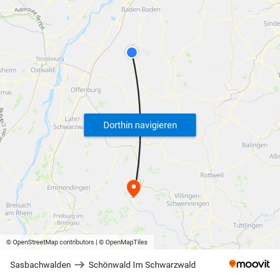 Sasbachwalden to Schönwald Im Schwarzwald map