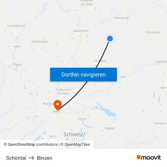 Schöntal to Binzen map