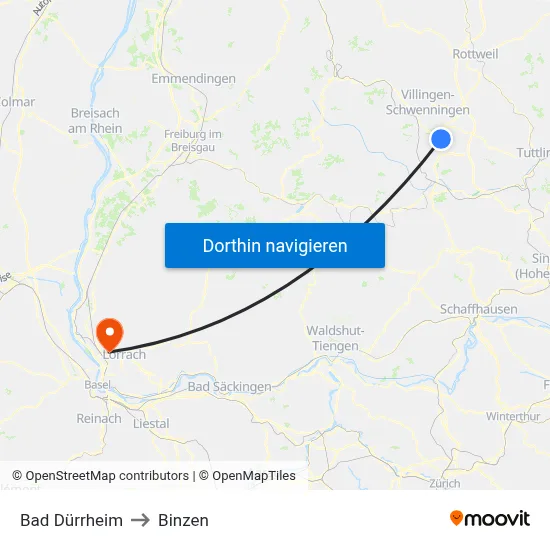 Bad Dürrheim to Binzen map