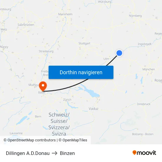 Dillingen A.D.Donau to Binzen map