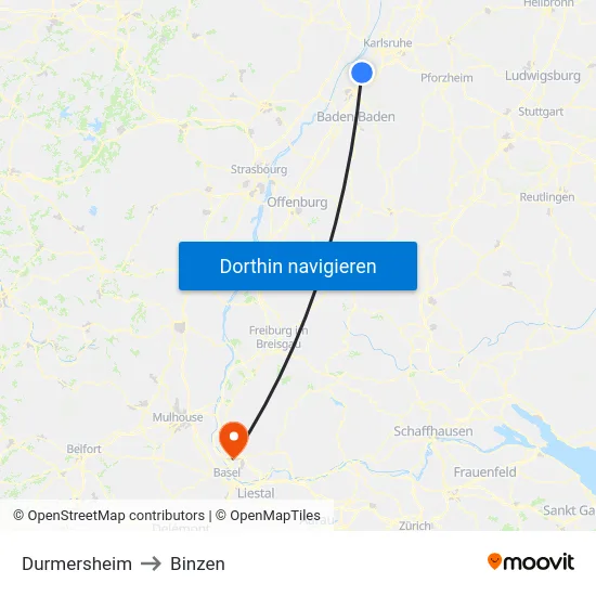 Durmersheim to Binzen map