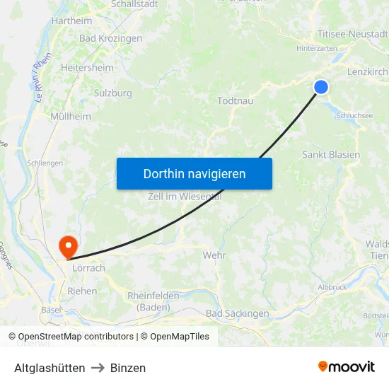 Altglashütten to Binzen map