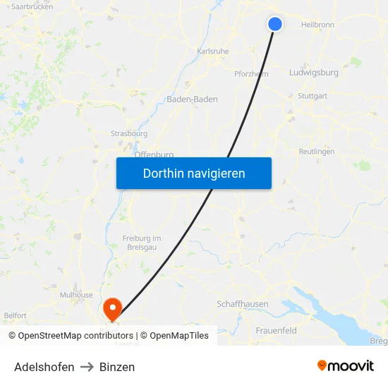 Adelshofen to Binzen map