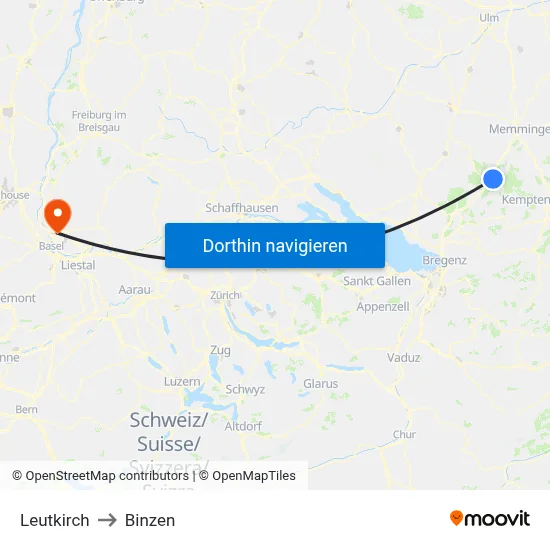 Leutkirch to Binzen map